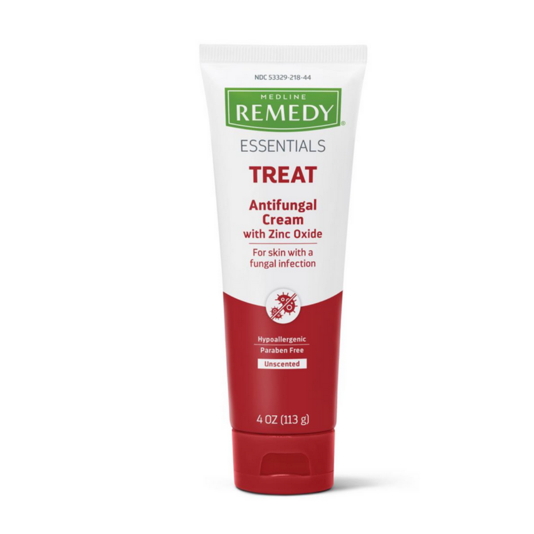 A 4 oz tube of Medline Remedy Essentials Antifungal Cream with Zinc Oxide features a red and white label, is hypoallergenic, paraben free, unscented, and treats fungal skin infections like athlete’s foot—an alternative to antifungal powder.